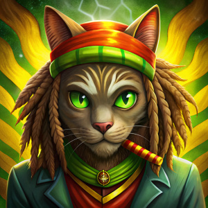 Un gato ojos verdes estilo Jamaica con rastas y un sigarro y de fondo la bandera de Jamaica 