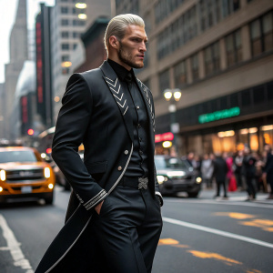 Luxord, dressed in sleek black suit with silver accents, stands firm on a bustling city street. His intense stare and sculpted physique dominate the scene. Background crowded with moving vehicles and people.