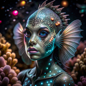Fantasy portrait 2 of an anthropomorphic fish, shimmery skin, bioluminescent blue fins, pink and green magic, coral reef background