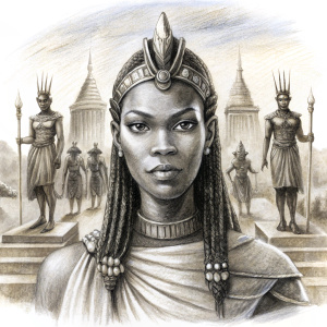 A Legacy of Courage of  the African Warrior Queen of Ancient Nubian Kingdom in her great temple in with status  black and white color 