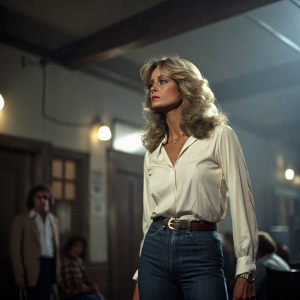 Farrah Fawcett in a dramatic scene from the TV movie 'Small Sacrifices.' Wearing a white blouse and jeans. The setting is a dimly lit room with blurred figures in the background.
