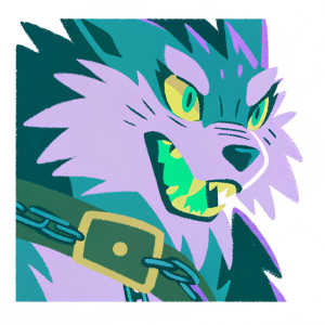 Illustration of a menacing Weregarurumon from Digimon series. Dark background, orange and yellow highlights. Intense expression with glowing eyes and wide open mouth. Detailed fur, dynamic brush strokes. Leather-like brown object with metal accents visible.