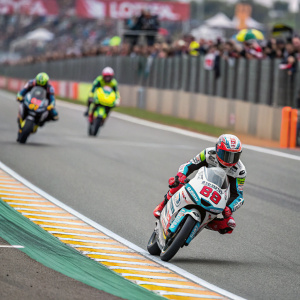 Gabriel Rodrigo of Kommerling Gresini Moto3 in a high-speed race. Track filled with other motorcycles. Spectators lining the barriers.