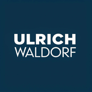 Modern logo design for Ulrich Waldorf. Bold, geometric sans-serif font in white. Dark blue background
