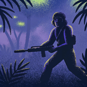 Silent warrior, John Rambo, intense battle stance, blurred jungle background.