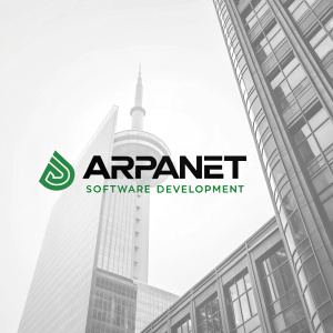 Arpanet Software Development's logo, a sleek and minimalist design in shades of green and black. Set against an abstract background, the logo represents innovation and professionalism.