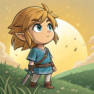 Chibi Link from Legend of Zelda: Breath of the Wild. Blue shirt, determined look. Standing on green field with golden sun in background.