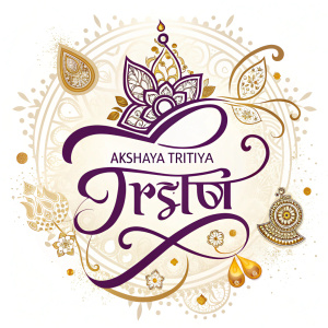 Elegant logo for Akshaya Tritiya festival. Luxurious gold and purple colors. Intricate traditional script. Festive and royal vibe.