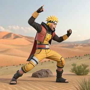 A 3D render of Killer Bee from Naruto series. He's in a dynamic fighting stance on a desert landscape. Vibrant colors and detailed character design.