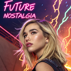 Dua Lipa's 'Future Nostalgia' album cover. Blonde woman, intense look, neon pink text, vibrant neon colors, energetic and dramatic design, explosion effect, stylized artwork, dynamic background elements.