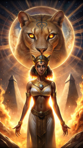 MANGA/ COMICS VISUAL / EGYPT/EGYPRIAN MYTHOLOGY

Sekhmet the fierce lioness goddess stands protectively before the Eye of Udjat, her fiery gaze piercing the darkness. 