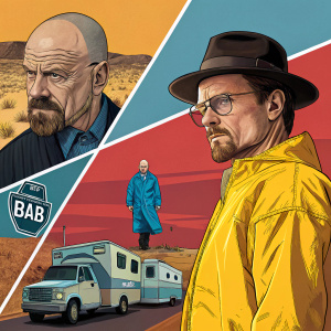 A vibrant Breaking Bad collage featuring Walter White, Jesse Pinkman, Heisenberg hat, blue meth, RV, car chase scene, lab equipment, and the distinctive ABQ sign.