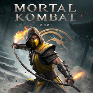 Promotional poster for Mortal Kombat 2021 featuring Scorpion. Dark, atmospheric background. Logo prominently displayed
