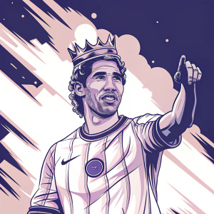 Illustration of Achraf Hakimi, Inter Milan soccer player. Proud expression, wearing jersey with Mirelle logo and crown. Vibrant background with blue streaks