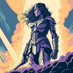 Digital 3D model of Wonder Woman in combat-ready posture. Rendered in high detail, she stands on a textured base, showcasing intricate design and fierce expression.