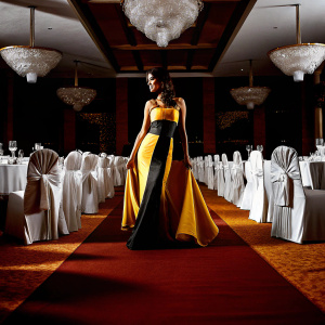 Eiza González at a gala event. She is wearing a vibrant yellow and black dress. The setting is an indoor venue with dim lighting and elegant decor.