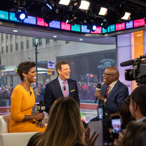 Lively scene from the TODAY show set. Tamron Hall, Willie Geist, Natalie Morales, and Al Roker engaging in a morning broadcast in a studio filled with bright lights and enthusiastic audience.