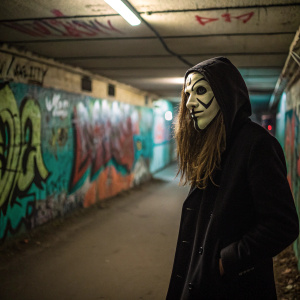 Close-up of a person with a mask-like face, long stringy hair, standing in an underground graffiti-covered space.
