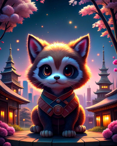 cute tanuki with city lights behind sakura