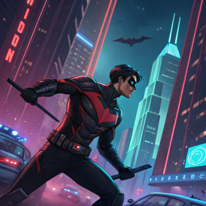 Batman Beyond era Nightwing in a striking action pose, set against the neon lights of a futuristic cityscape.