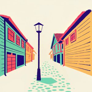 A narrow alleyway in the historic district of Bergen, Norway, captured in black and white. Wooden houses with distinctive architecture line both sides, along with a prominent lamppost casting long shadows. Cobblestone path leads into the distance.