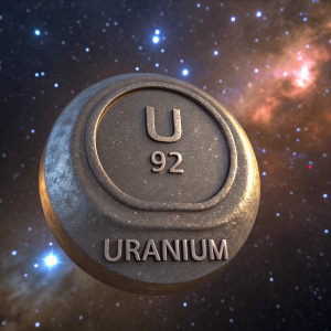 Realistic 3D model of Uranium, chemical symbol 'U', atomic number 92. Against space background.