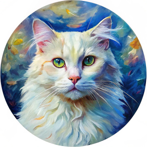 круглое изображение внутри которого белая кошка, масляные краски крупные мазки, в стиле Моне