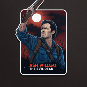 Ash Williams from The Evil Dead, determined look, raised shotgun. Dark background with eerie glow, bold text in red at the bottom, sticker design.