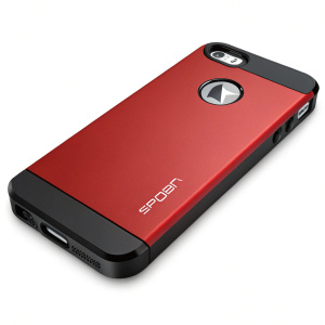 A Spigen Tough Armor protective case for iPhone 5/5S. Vibrant red with sleek black trim. Small silver logo.