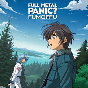 DVD cover for 'Full Metal Panic? Fumoffu'. Featuring main characters in intense poses. Background showcases serene forests and vast skies, with shades of blue and green. Series details clearly outlined.