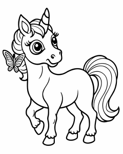Flirty cute little unicorn playing with a butterfly
