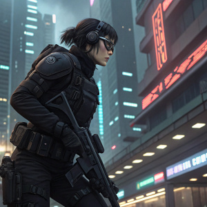 Mamoru Oshii's Ghost in the Shell. Major Kusanagi, dressed in stealth black tactical gear, ready for action. Urban cityscape with neon lights and high-tech architecture. Futuristic setting with digital enhancements.