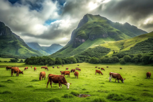 Cows eating lush grass on the green field in front of mountain view
