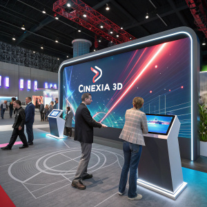 Interactive 3D display at tech conference. Cinexia 3D logo prominent on large screen.