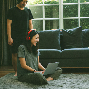 Yumi, a young Asian woman, sits on a plush beige rug in a cozy living room. She smiles warmly as she works on her laptop, dressed in a comfy gray t-shirt and vibrant red headphones. Her friend, dressed in a sleek black t-shirt, stands nearby. The space is adorned with a stylish gray sectional sofa and a big window letting in natural light.