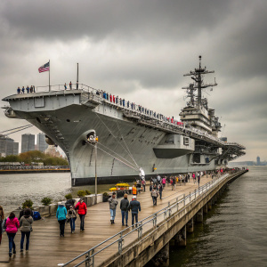 The USS Intrepid aircraft carrier docked at the Intrepid Sea, Air & Space Museum in New York City. Overcast day, crowded pier, people walking around.