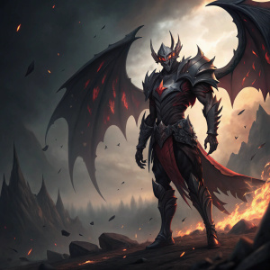 Digital artwork of Aatrox from League of Legends. He is depicted with a dark and ominous aesthetic, standing on a battlefield. Explosions and shadowy effects surround him