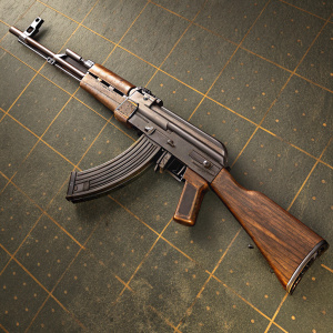 3D rendering of an AK-47 assault rifle. Detailed view highlighting its complex components. The weapon is colored brown with metallic highlights. Features include long barrel, ergonomic grip, and side-mounted magazine. High-definition image with focus on fine details. Set against a textured grid background.
