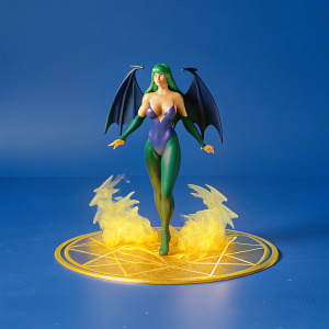 3D rendering of Morrigan Aensland, a video game character. Fluid, fiery appearance. Set against a black backdrop with a glowing gold emblem.