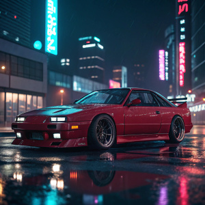 High-tech rendering of Nissan 180SX Origin Fujin. The car, with its glossy red exterior, stands out against a backdrop of neon city lights at night.
