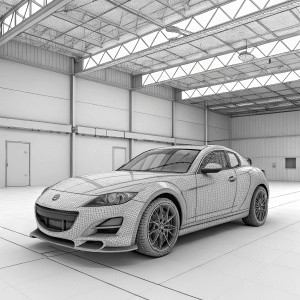 3D visualization of Mazda SP3 RX-8 in an empty garage. Digital illustration focusing on car specs.