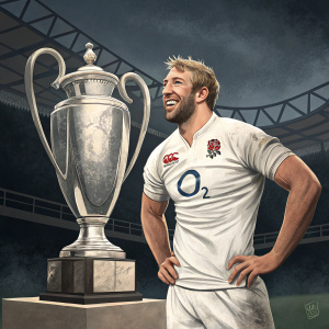 Chris Robshaw, rugby player, smiling beside a large silver trophy. Dark background, no stadium or floodlights.