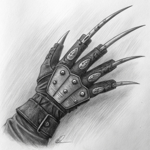 Black and white, pencil sketch of Freddy Krueger's glove from Nightmare on Elm Street