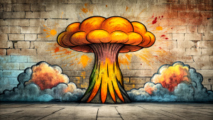 Minimalist Wall, perfect lines, Atomic bomb explosion, graffiti in the style of street art aesthetic, cute cartoonish designs