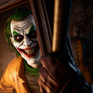 3D render of the Joker character from the Batman series, focusing on his menacing grin and detailed makeup. Rendered in a gritty, dark style.