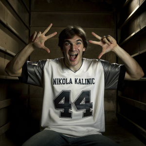 Nikola Kalinic, white jersey, navy blue name and number, posing excitedly with hands raised. Cheerful, dynamic photo.