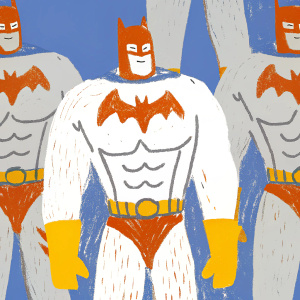 A 3D digital rendering of a muscular Batman. Classic design, detailed musculature, standing in a dynamic but static pose. Various angles showcase the character. Prominent Bat-symbol on chest.