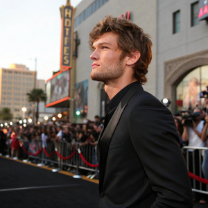 Alex Pettyfer, actor, with tousled brown hair and a black suit, standing outside the TCL Chinese Theatre for the world premiere of his new film. Crowds gathered