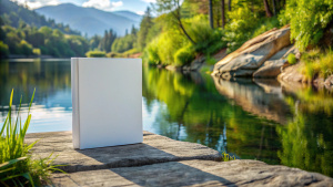the subject white book cover mockup book mockup cover book in a close up of a stone stone stone table with a mirror of water lake background, natural background canvas print, nature background, plants, beautiful natural background, zen natural background, cold colors, high color value contrast, pastel blue color palette, 8k, ultra detailed

