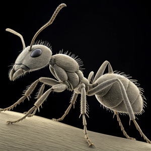 Highly detailed 3D model of two ants rendered in ZBrush. The close-up showcases the intricate anatomy of the insects, including thorax, head, antennae, and legs. Set against a pitch-black backdrop.